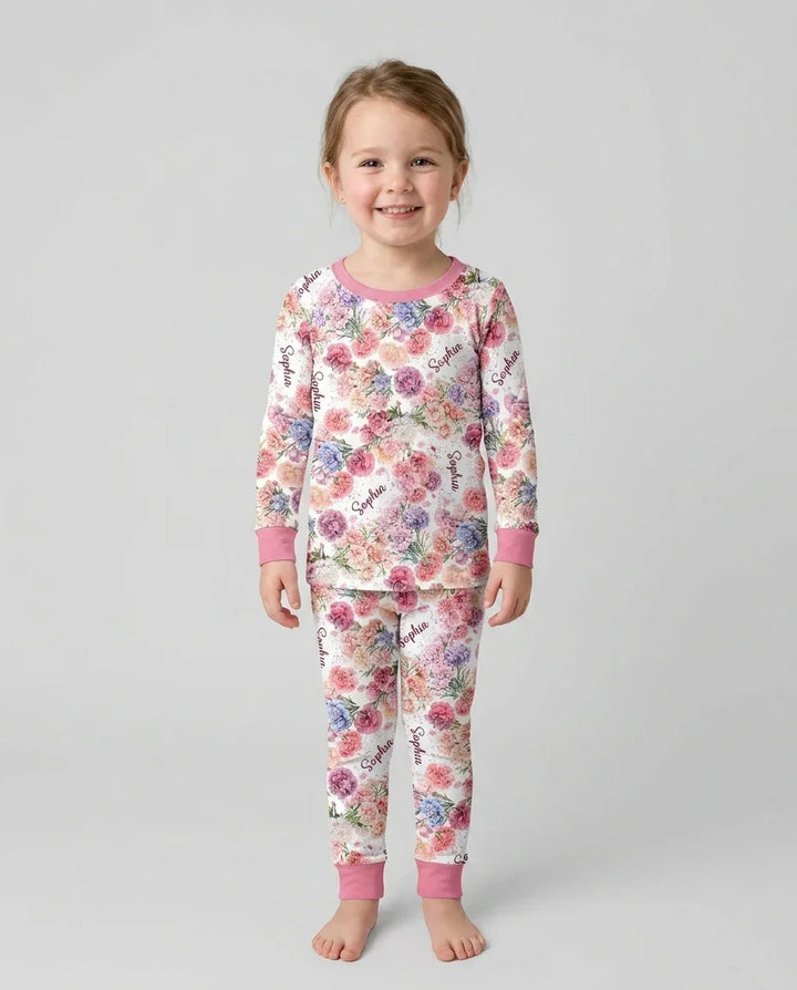 Custom Name Birth Month Flowers Bamboo Two Piece Long Sleeve Pajama Set