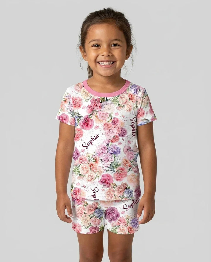 Custom Name Birth Month Flowers Bamboo Two Piece Short Sleeve Shorts Pajama Set
