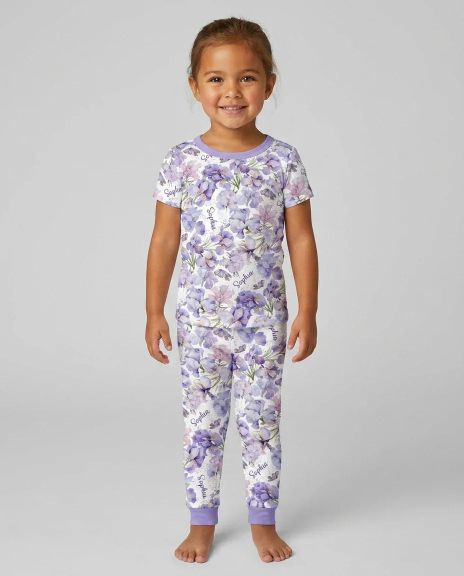Custom Name Birth Month Flowers Bamboo Two Piece Short Sleeve Pajama Set