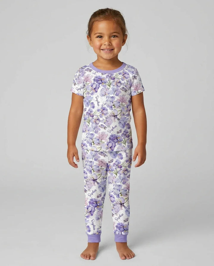 Custom Name Birth Month Flowers Bamboo Two Piece Short Sleeve Pajama Set