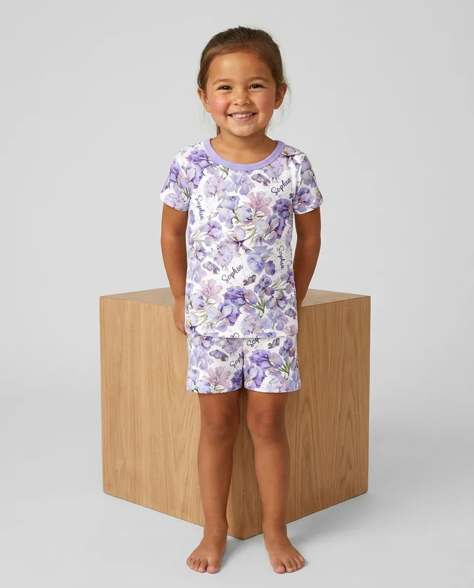 Custom Name Birth Month Flowers Bamboo Two Piece Short Sleeve Shorts Pajama Set