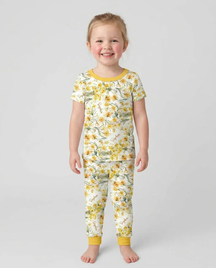 Custom Name Birth Month Flowers Bamboo Two Piece Short Sleeve Pajama Set