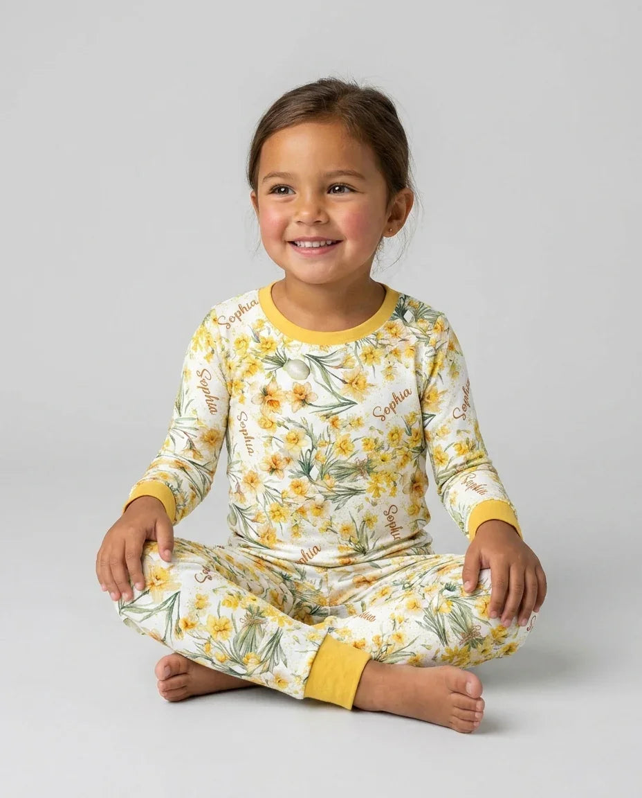 Custom Name Birth Month Flowers Bamboo Two Piece Long Sleeve Pajama Set