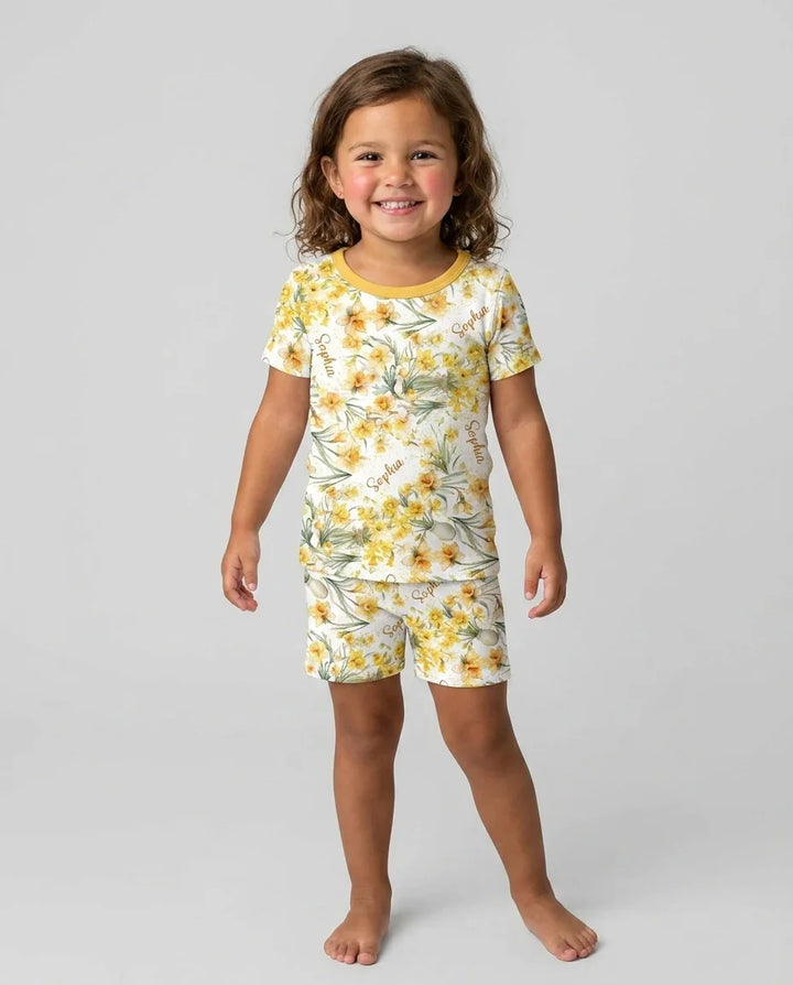 Custom Name Birth Month Flowers Bamboo Two Piece Short Sleeve Shorts Pajama Set