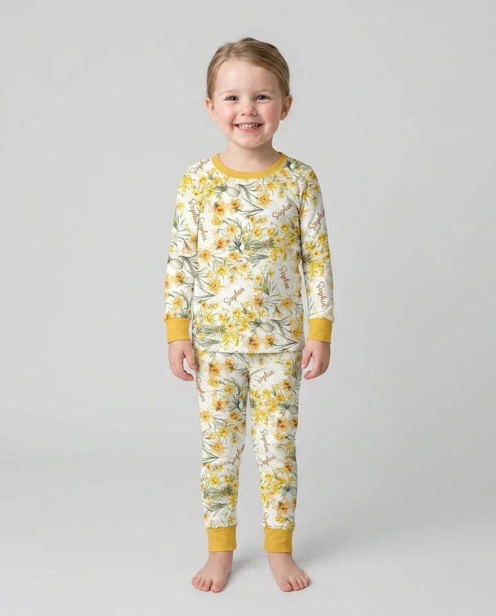 Custom Name Birth Month Flowers Bamboo Two Piece Long Sleeve Pajama Set