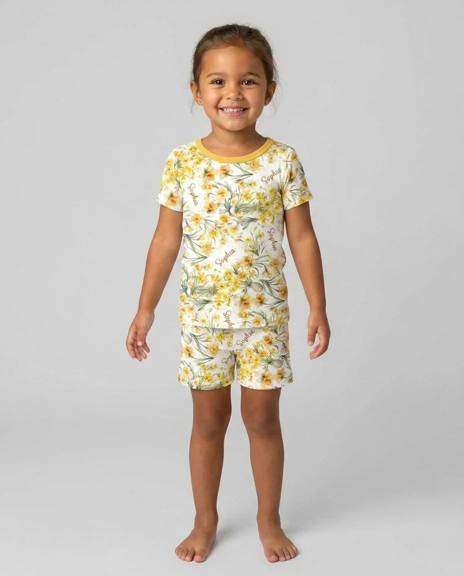 Custom Name Birth Month Flowers Bamboo Two Piece Short Sleeve Shorts Pajama Set