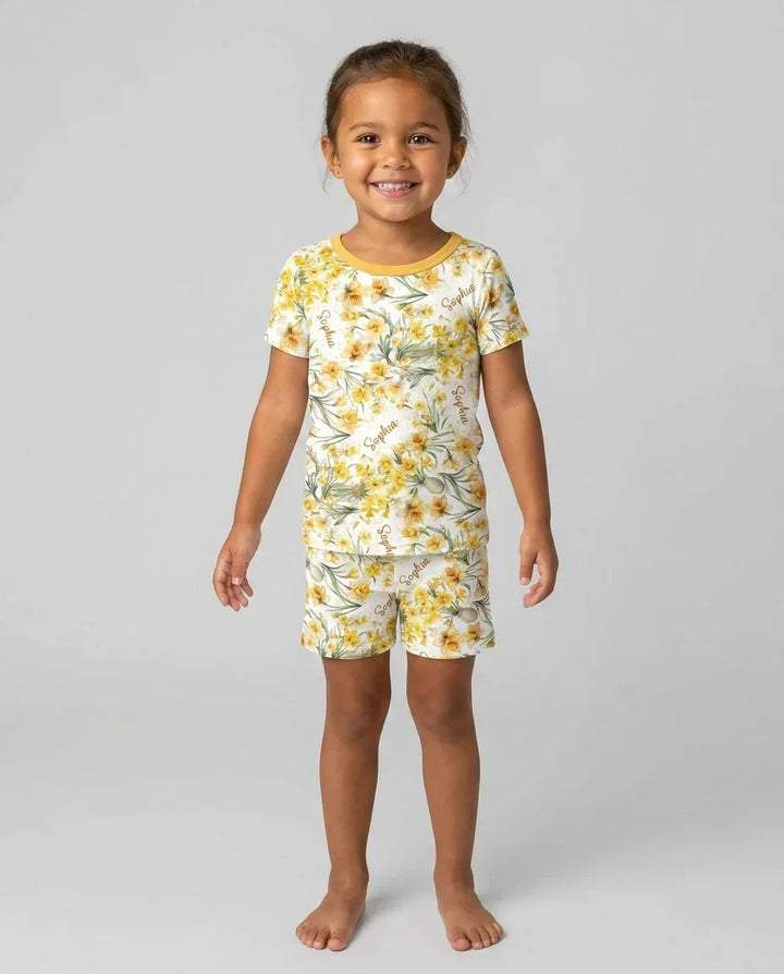 Custom Name Birth Month Flowers Bamboo Two Piece Short Sleeve Shorts Pajama Set