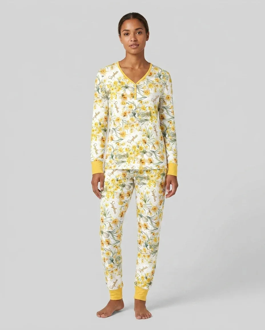 Benutzerdefinierter Name Geburtsmonatsblumen Bambus Damen Schlafanzug-Set