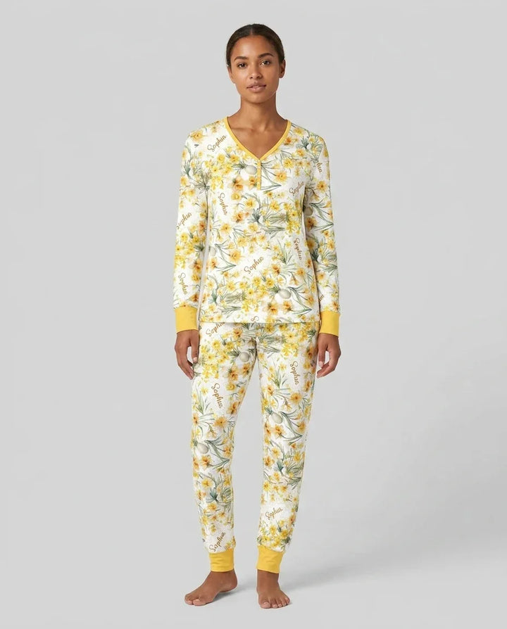 Benutzerdefinierter Name Geburtsmonatsblumen Bambus Damen Schlafanzug-Set