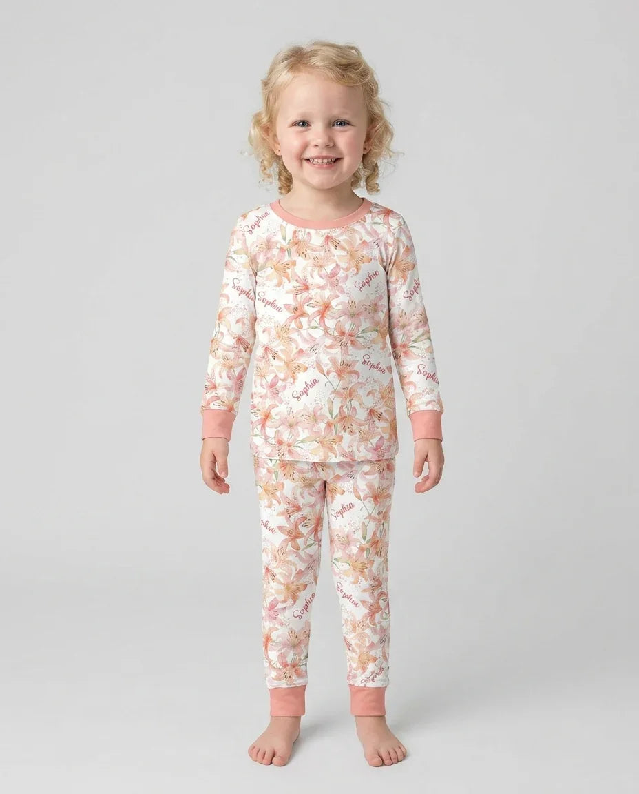 Custom Name Birth Month Flowers Bamboo Two Piece Long Sleeve Pajama Set