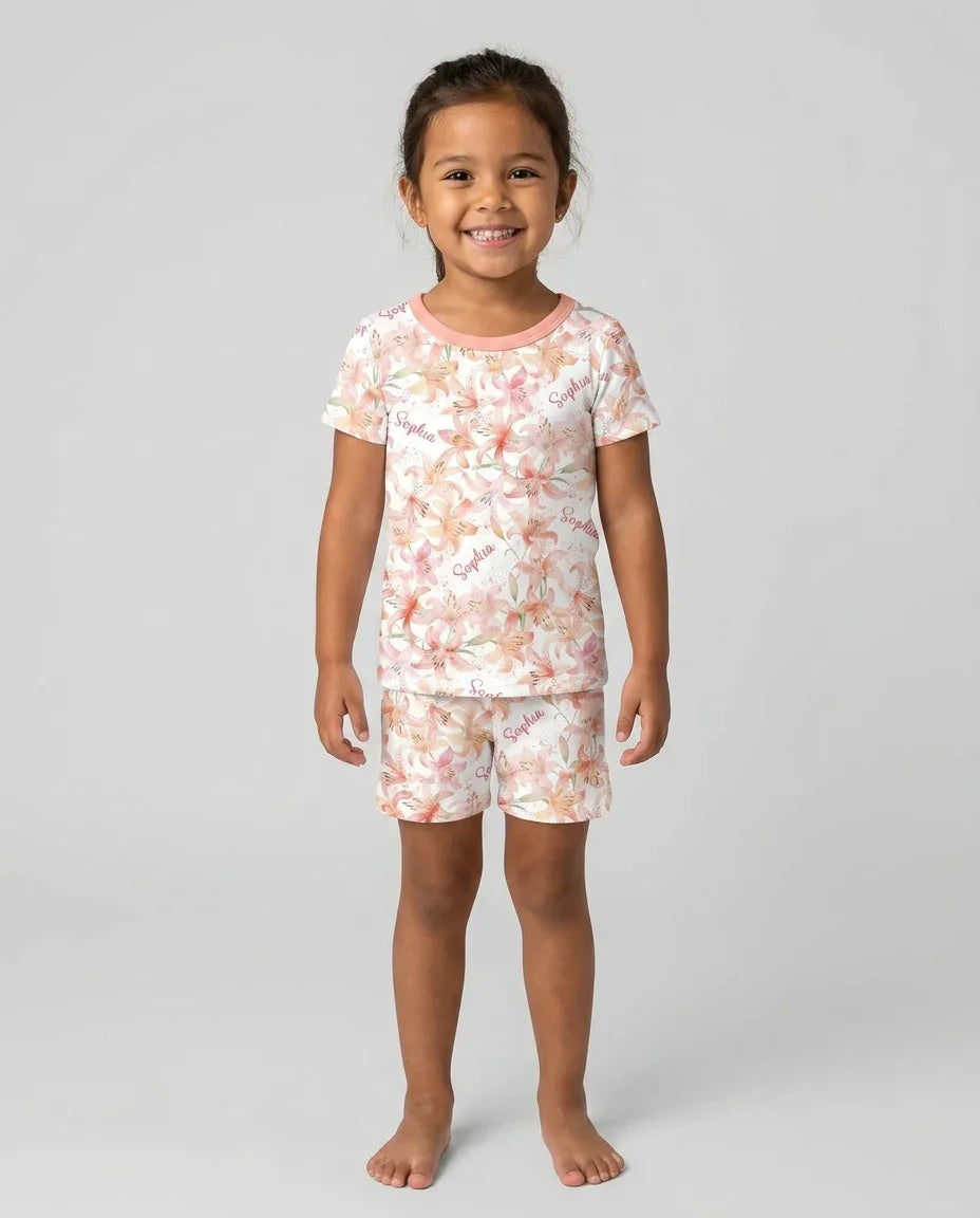 Custom Name Birth Month Flowers Bamboo Two Piece Short Sleeve Shorts Pajama Set