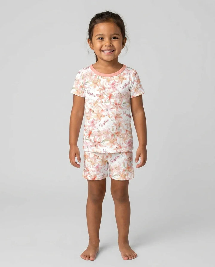 Custom Name Birth Month Flowers Bamboo Two Piece Short Sleeve Shorts Pajama Set