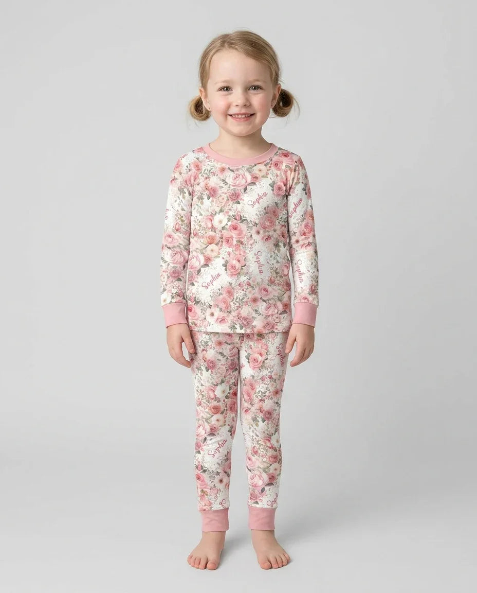 Custom Name Birth Month Flowers Bamboo Two Piece Long Sleeve Pajama Set