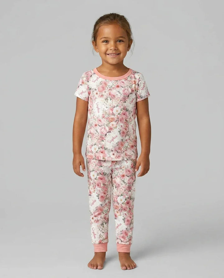 Custom Name Birth Month Flowers Bamboo Two Piece Short Sleeve Pajama Set