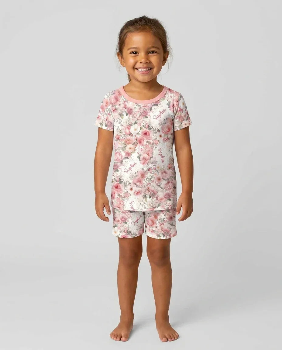Custom Name Birth Month Flowers Bamboo Two Piece Short Sleeve Shorts Pajama Set