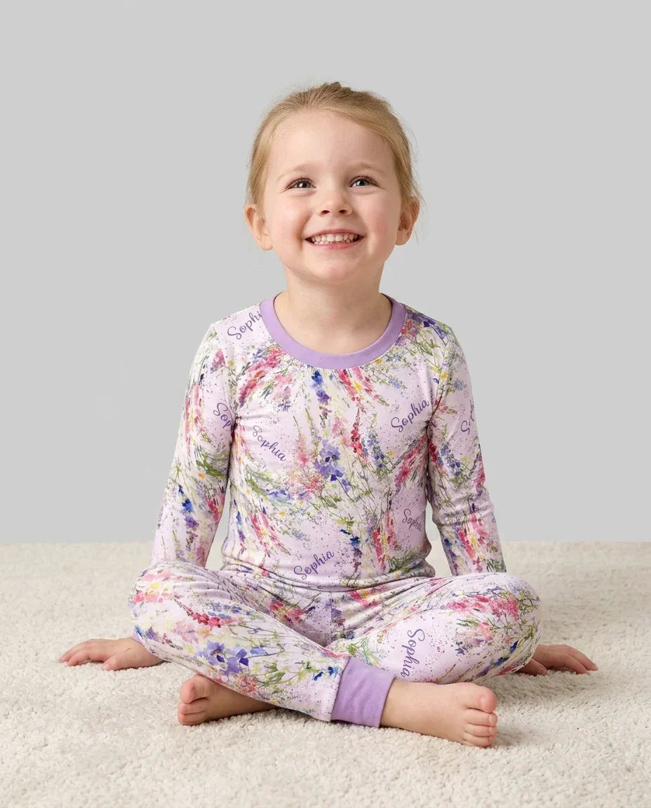 Custom Name Birth Month Flowers Bamboo Two Piece Long Sleeve Pajama Set