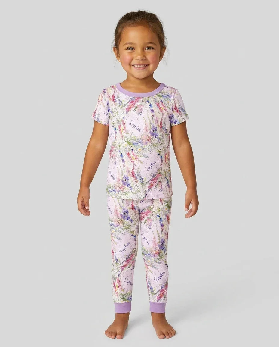 Custom Name Birth Month Flowers Bamboo Two Piece Short Sleeve Pajama Set