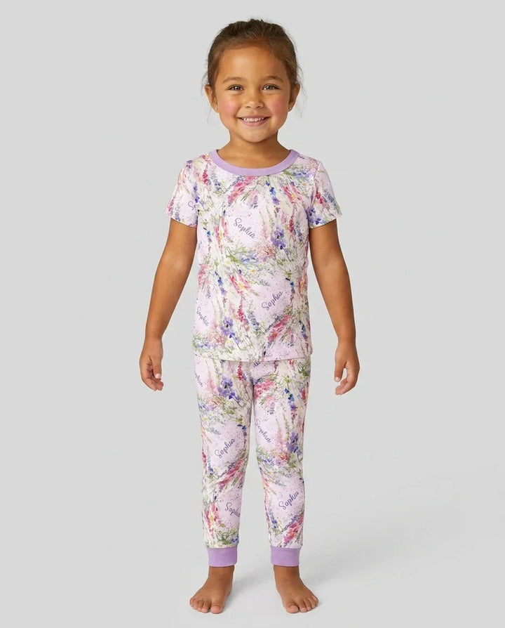 Custom Name Birth Month Flowers Bamboo Two Piece Short Sleeve Pajama Set