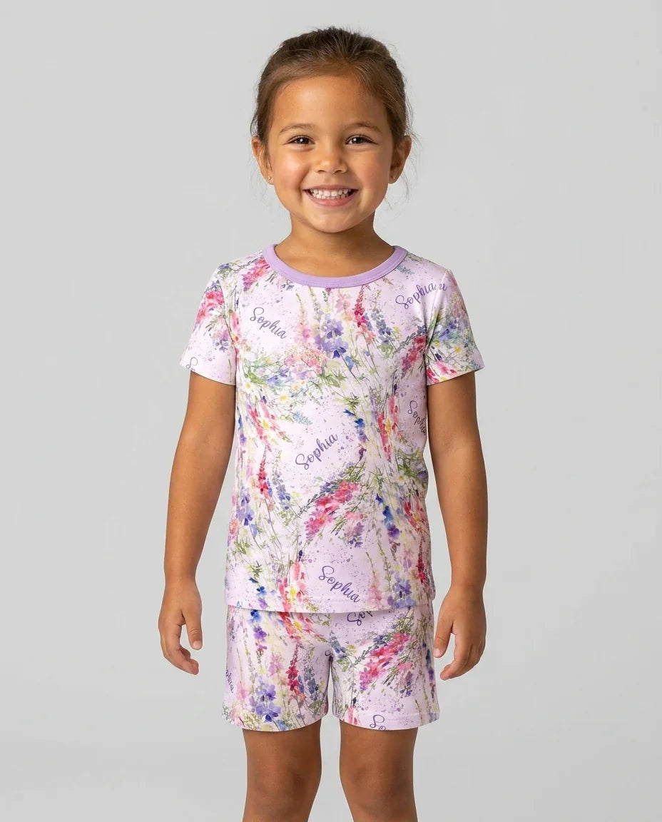 Custom Name Birth Month Flowers Bamboo Two Piece Short Sleeve Shorts Pajama Set