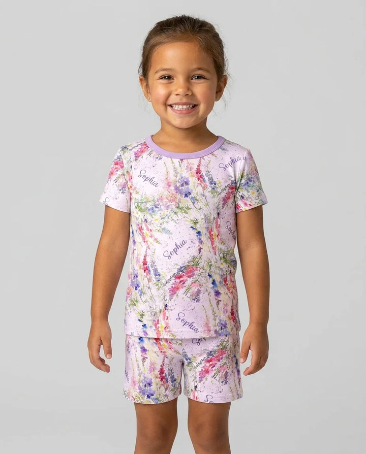 Custom Name Birth Month Flowers Bamboo Two Piece Short Sleeve Shorts Pajama Set