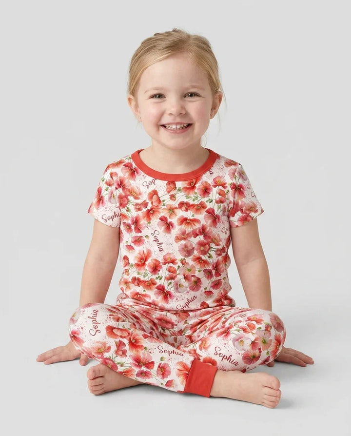 Custom Name Birth Month Flowers Bamboo Two Piece Short Sleeve Pajama Set