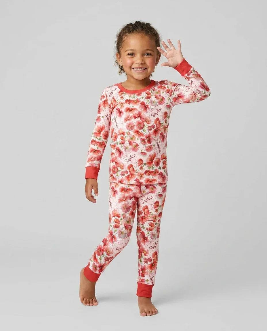 Custom Name Birth Month Flowers Bamboo Two Piece Long Sleeve Pajama Set