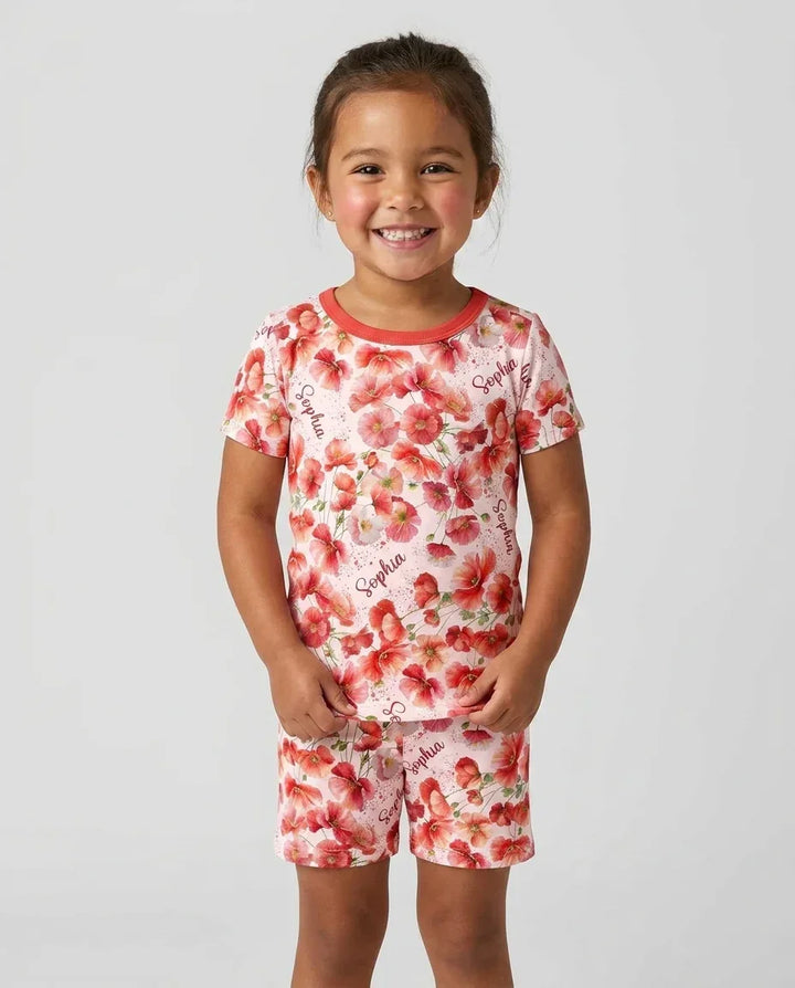 Custom Name Birth Month Flowers Bamboo Two Piece Short Sleeve Shorts Pajama Set