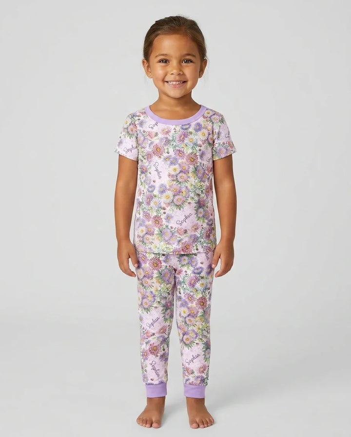 Custom Name Birth Month Flowers Bamboo Two Piece Short Sleeve Pajama Set