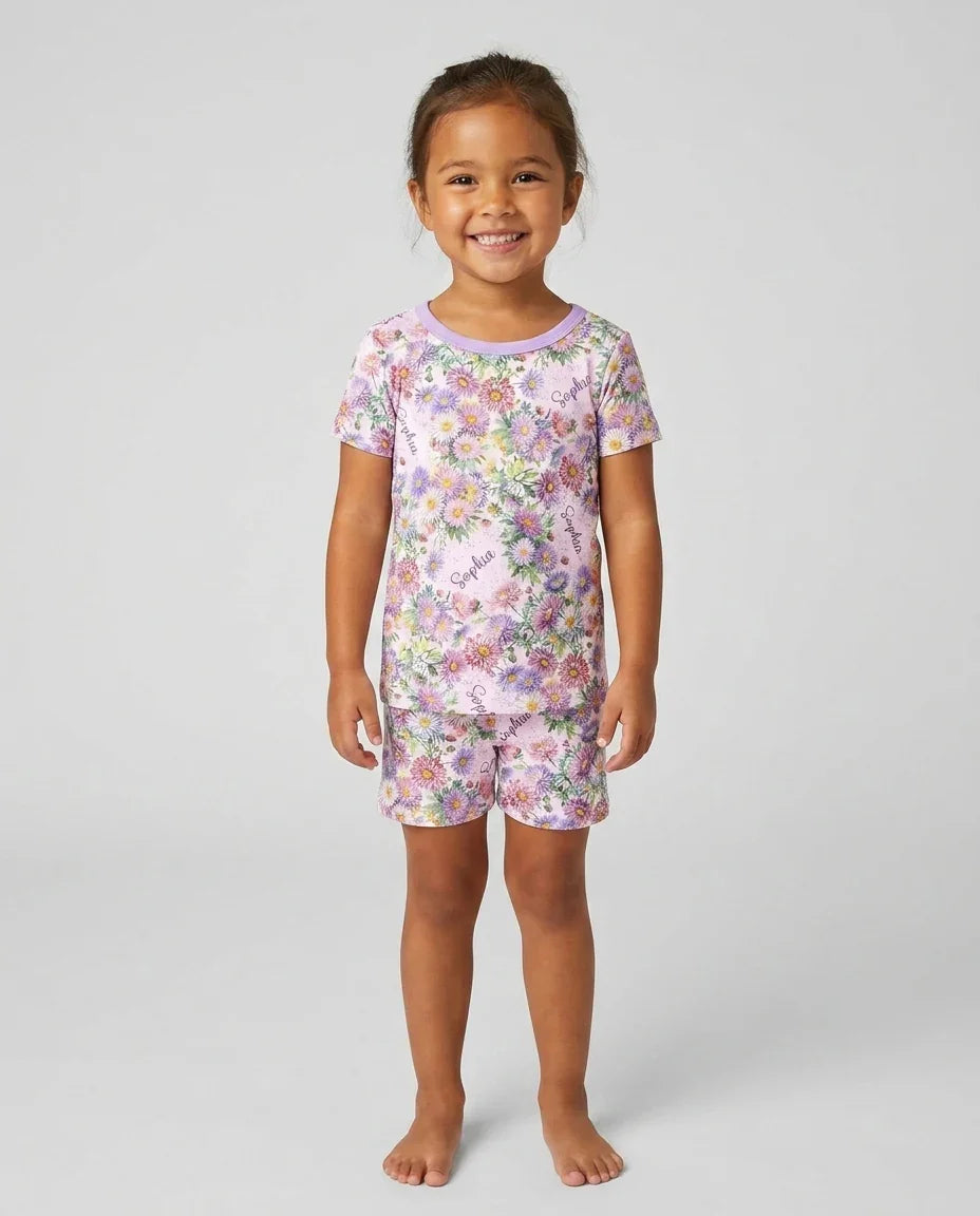 Custom Name Birth Month Flowers Bamboo Two Piece Short Sleeve Shorts Pajama Set