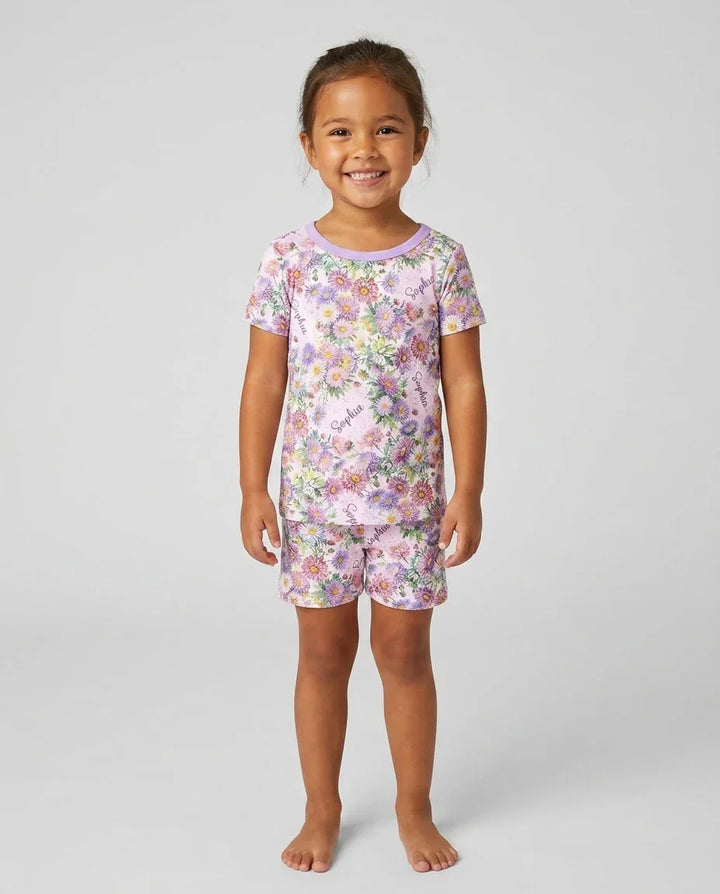 Custom Name Birth Month Flowers Bamboo Two Piece Short Sleeve Shorts Pajama Set