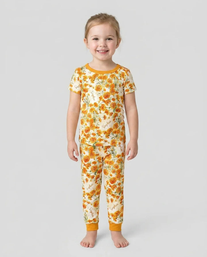 Custom Name Birth Month Flowers Bamboo Two Piece Short Sleeve Pajama Set