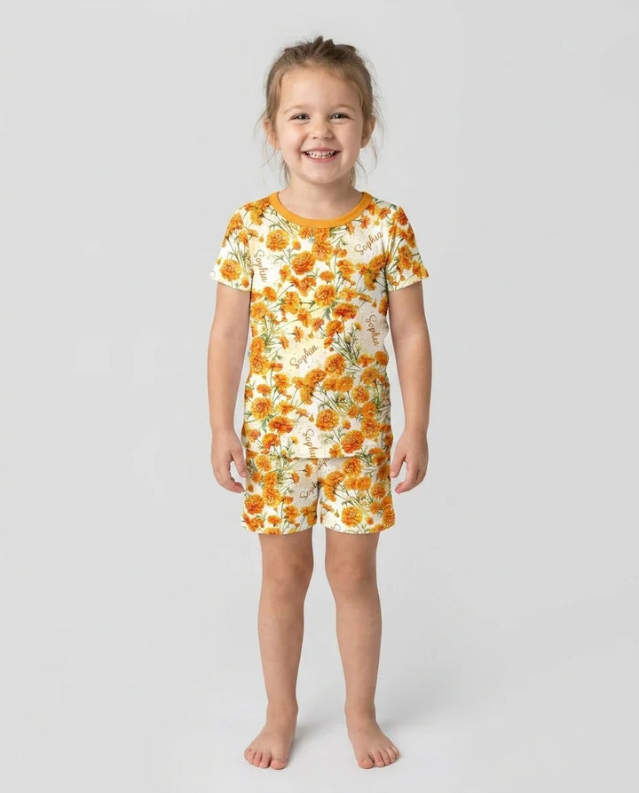 Custom Name Birth Month Flowers Bamboo Two Piece Short Sleeve Shorts Pajama Set