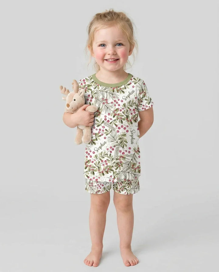 Custom Name Birth Month Flowers Bamboo Two Piece Short Sleeve Shorts Pajama Set