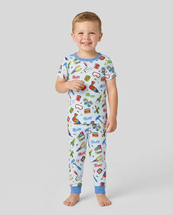 Pijama de dos piezas de manga corta de bambú "Equipo de reparadores" para papá y yo con nombre personalizado