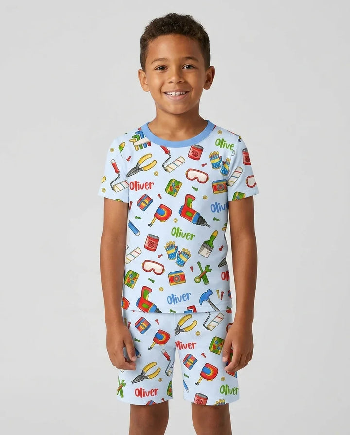 Conjunto de Pijama de Dos Piezas de Bambú de Manga Corta y Pantalón Corto Personalizado para Papá y Yo del Equipo de Reparaciones