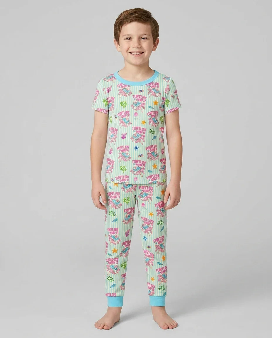 Turtley Over It Family Matching Bamboo Two Piece Short Sleeve Pajama Set
