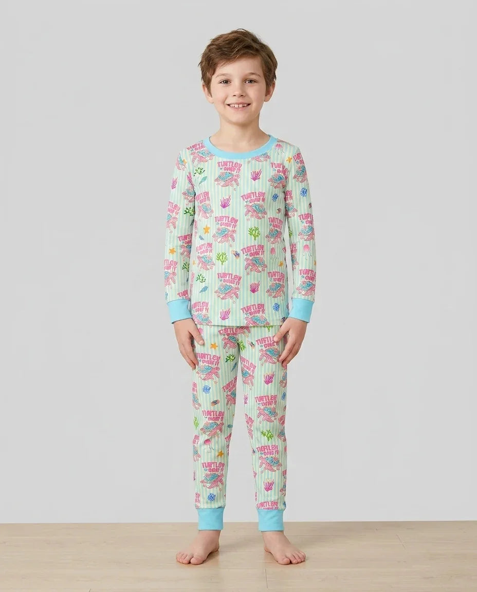 Turtley Over It Family Matching Bamboo Two Piece Long Sleeve Pajama Set