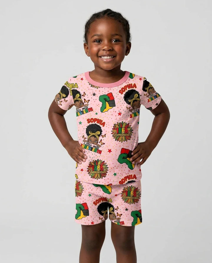 Custom Name Little Miss Juneteenth Bamboo Two Piece Short Sleeve Shorts Pajama Set