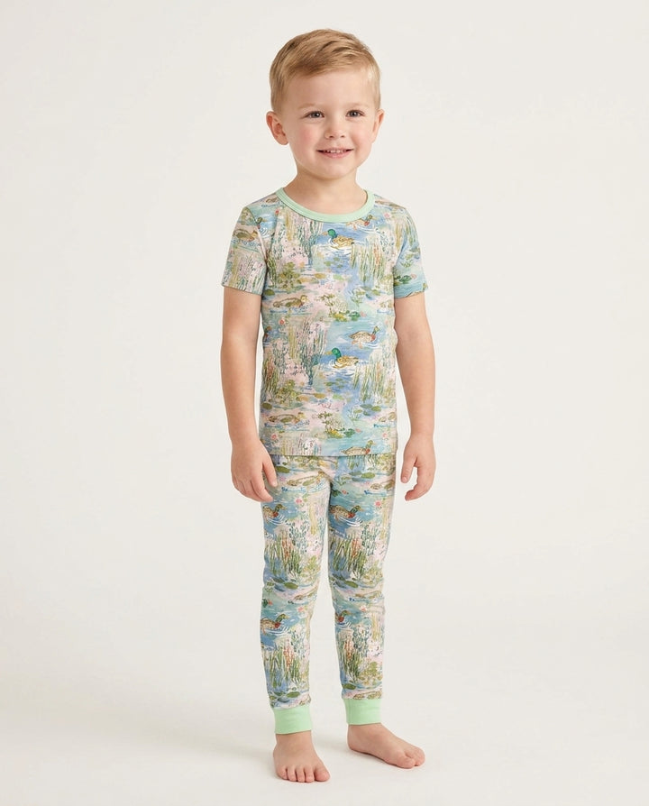 Watercolor Mallard Duck Bamboo Two Piece Short Sleeve Pajama Set