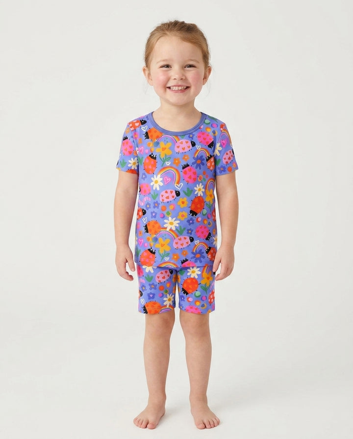 Conjunto de pijama de dos piezas de bambú con mangas cortas y shorts para niñas, diseño de mariquitas