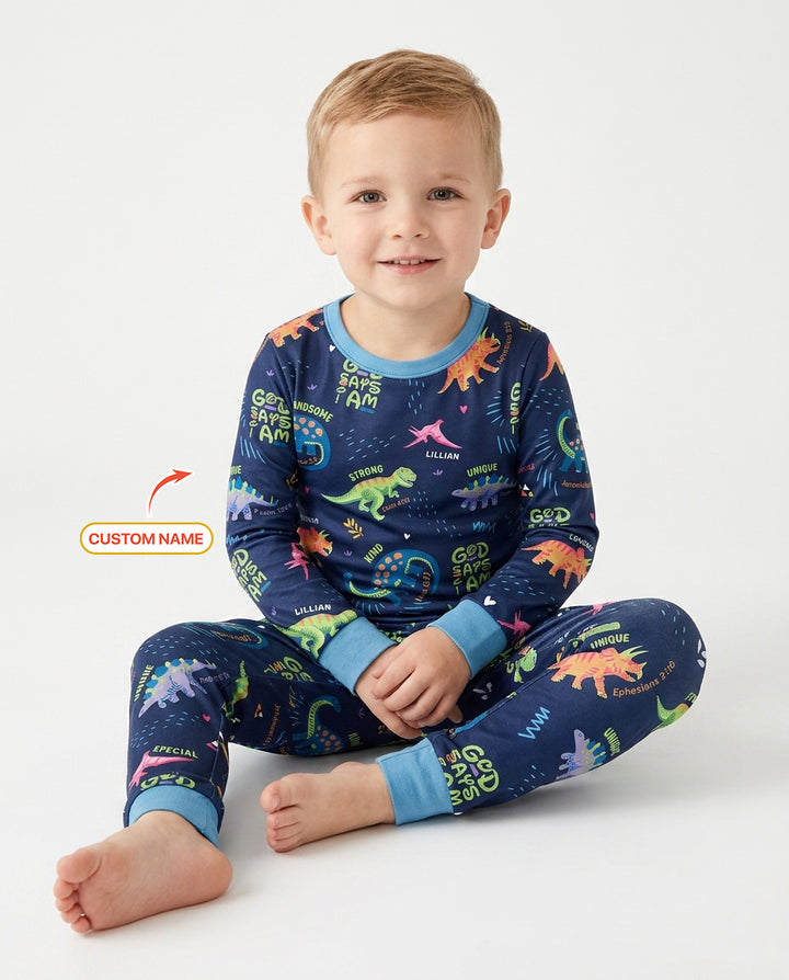 Custom Name God says I am Dinosaur Bamboo Two Piece Long Sleeve Pajama Set