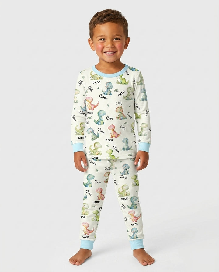 Conjunto de pijama de dos piezas de bambú de manga larga con nombre personalizado de dinosaurio