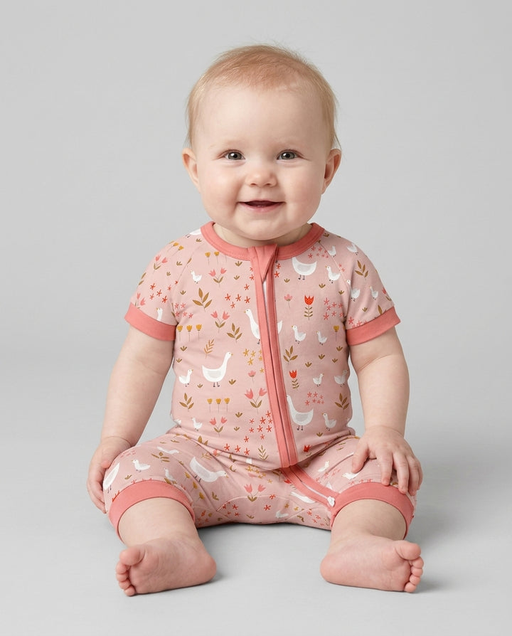 Geese and Flowers Bamboo Shorty Zippered Romper