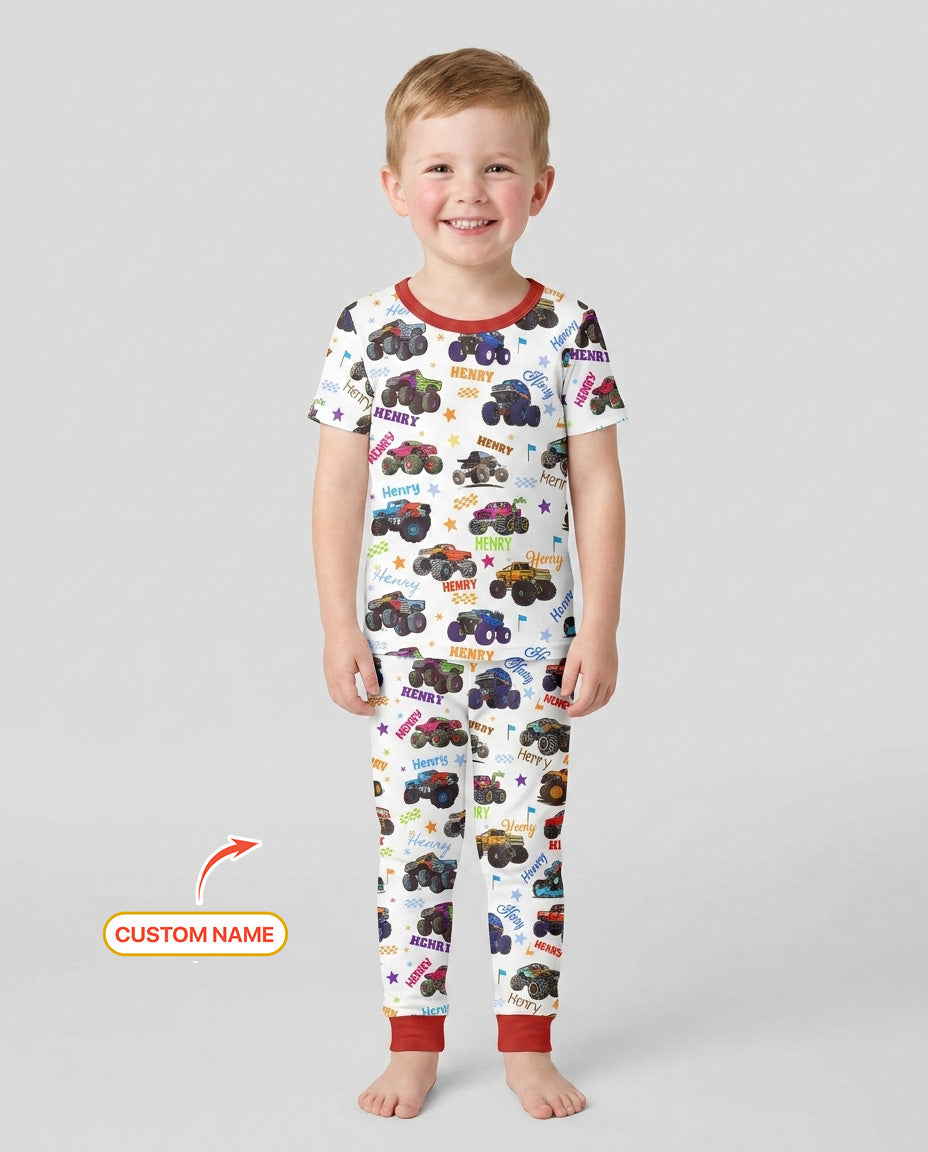 Monster Truck Custom Name Bamboo Two Piece Short Sleeve Pajama Set