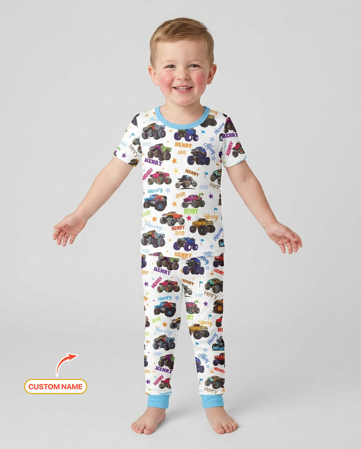 Monster Truck Custom Name Bamboo Two Piece Short Sleeve Pajama Set