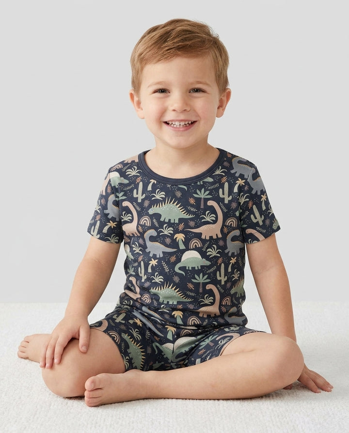 Navy Jurassic Jungle Bamboo Two Piece Short Sleeve Shorts Pajama Set