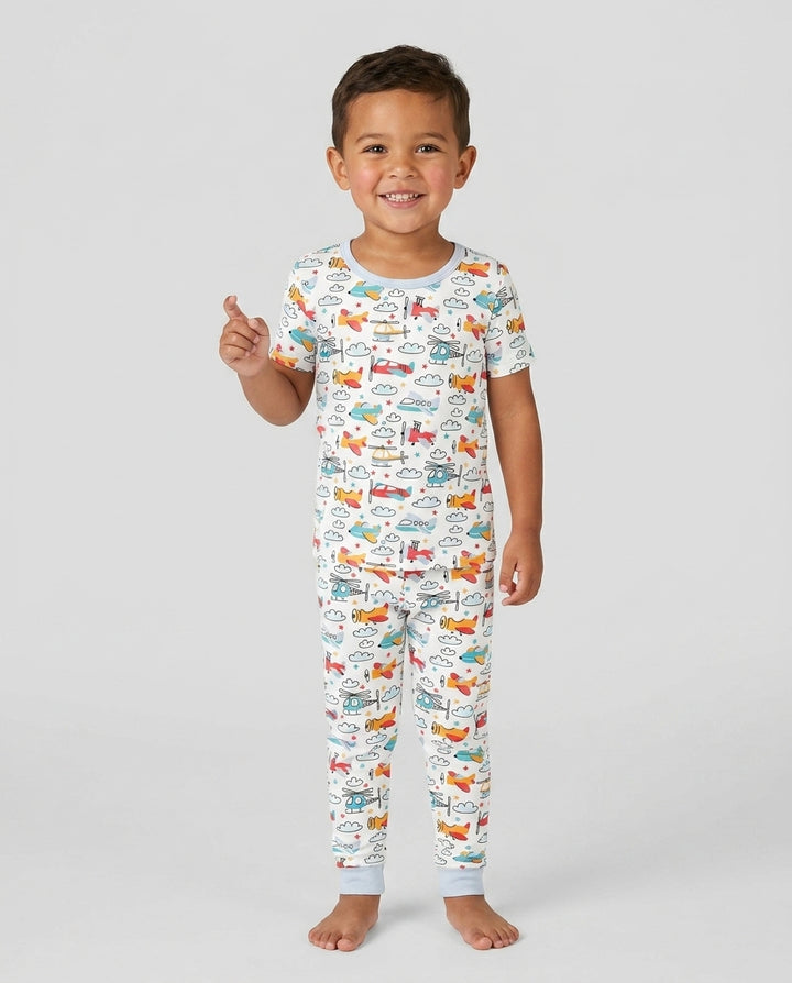 Flugzeuge und Hubschrauber zweiteiliges Pyjama-Set aus Bambus mit kurzen Ärmeln