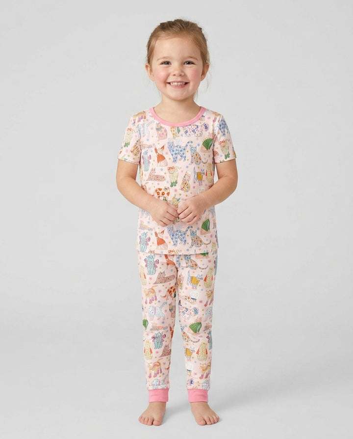 Whimsical Cat Parade Two Piece Short Sleeve Pajama Set