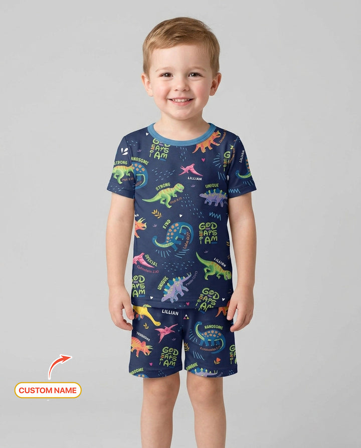 Custom Name God says I am Dinosaur Bamboo Two Piece Short Sleeve Shorts Pajama Set