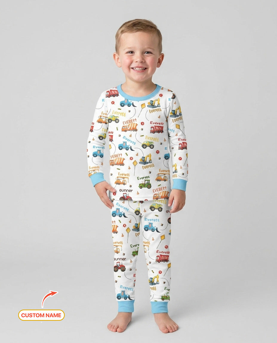 Construction Vehicles Custom Name Bamboo Two Piece Long Sleeve Pajama Set